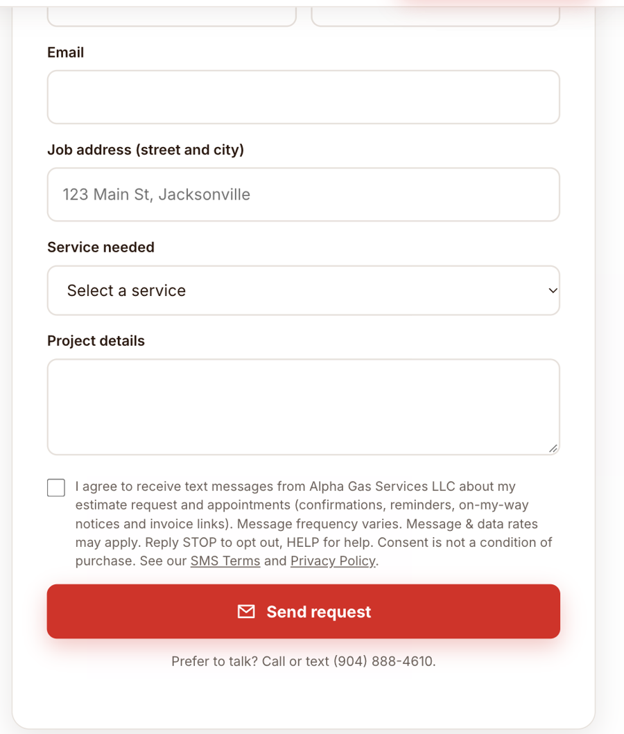 Estimate request form on alphagasservices.com with the optional, unchecked SMS consent checkbox
